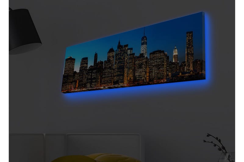 Lærredsbillede med LED-belysning - New York Citys skyline i skumringen - Blå / Sort / Guld - Boligtilbehør - Billeder & kunst - Billeder på lærred
