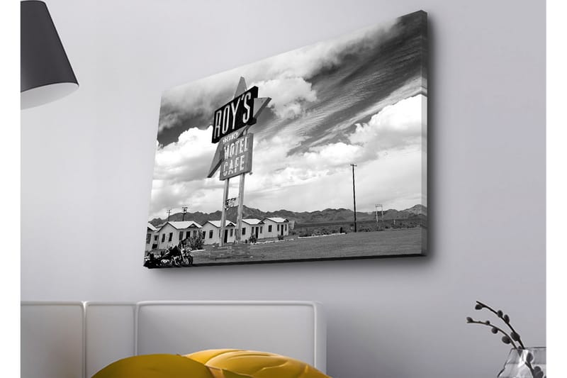 Lærredsbillede med LED-belysning - Nostalgisk skilt fra et motel i et ørkenlandskab - Sort / Hvid / Grå - Boligtilbehør - Billeder & kunst - Billeder på lærred