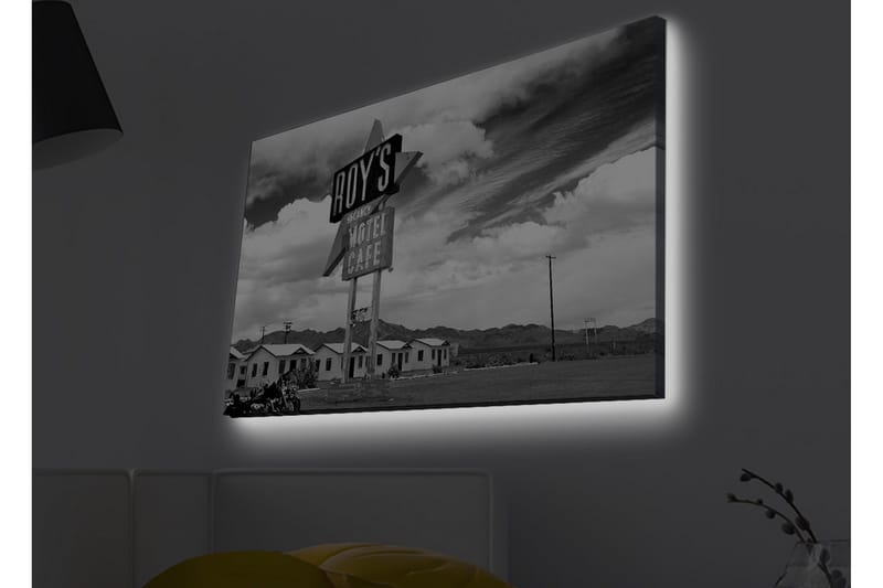Lærredsbillede med LED-belysning - Nostalgisk skilt fra et motel i et ørkenlandskab, Sort / Hvid / Grå