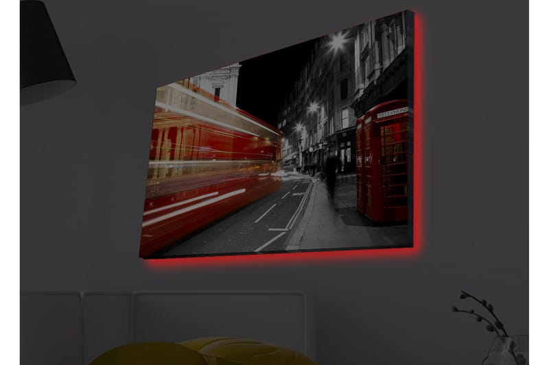 Lærredsbillede med LED-belysning - Rød bus i bevægelse på en sort-hvid bygade - Rød / Sort / Grå - Boligtilbehør - Billeder & kunst - Billeder på lærred