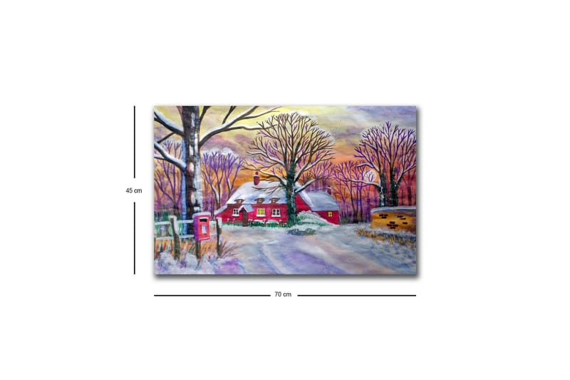 Lærredsbillede med LED-belysning - Rød hytte omgivet af snedækkede træer og et vinterlandskab - Rød / Hvid / Lilla - Boligtilbehør - Billeder & kunst - Billeder på lærred