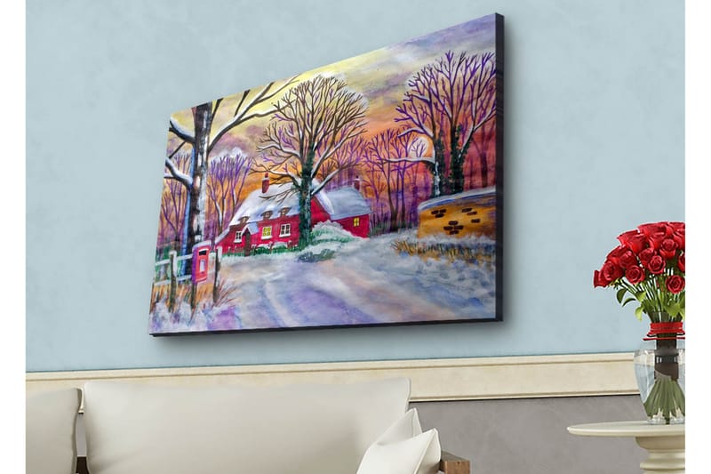 Lærredsbillede med LED-belysning - Rød hytte omgivet af snedækkede træer og et vinterlandskab, Rød / Hvid / Lilla