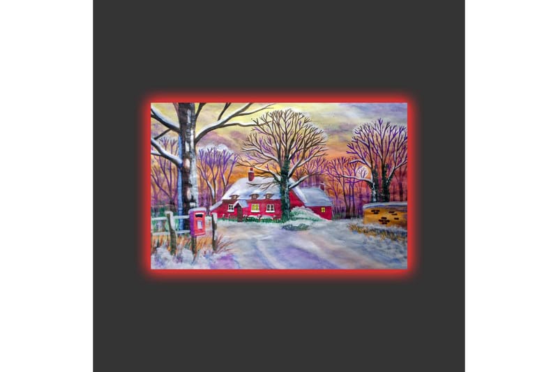 Lærredsbillede med LED-belysning - Rød hytte omgivet af snedækkede træer og et vinterlandskab - Rød / Hvid / Lilla - Boligtilbehør - Billeder & kunst - Billeder på lærred