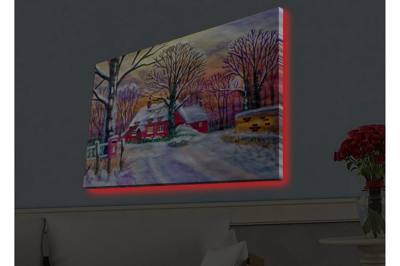 Lærredsbillede med LED-belysning - Rød hytte omgivet af snedækkede træer og et vinterlandskab - Rød / Hvid / Lilla - Boligtilbehør - Billeder & kunst - Billeder på lærred