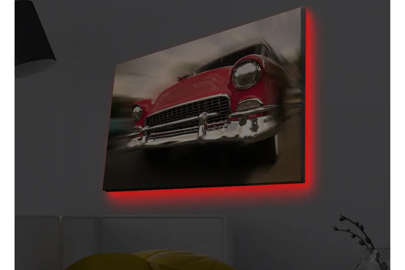 Lærredsbillede med LED-belysning - Rød klassisk bil i bevægelse, Rød / Sølv