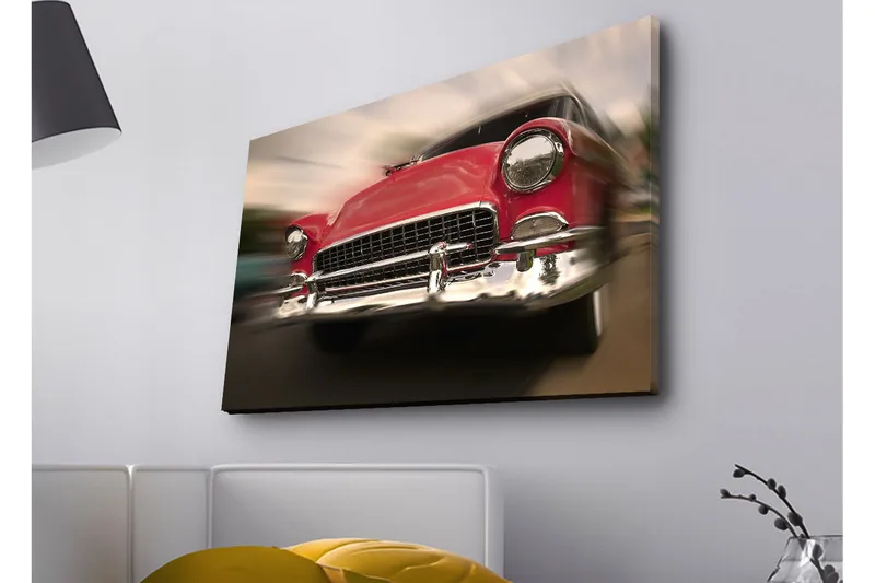 Lærredsbillede med LED-belysning - Rød klassisk bil i bevægelse - Rød / Sølv - Boligtilbehør - Billeder & kunst - Billeder på lærred