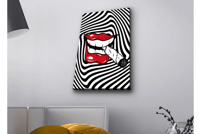 Lærredsbillede med LED-belysning - Røde læber med en cigaret i munden mod en sort-hvid spiralbaggrund, Rød / Sort / Hvid
