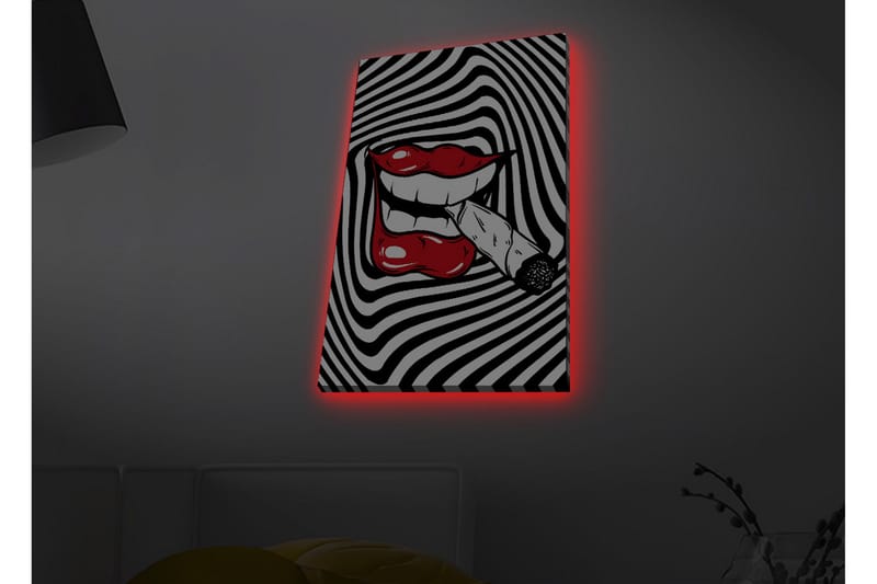 Lærredsbillede med LED-belysning - Røde læber med en cigaret i munden mod en sort-hvid spiralbaggrund - Rød / Sort / Hvid - Boligtilbehør - Billeder & kunst - Billeder på lærred