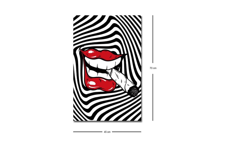 Lærredsbillede med LED-belysning - Røde læber med en cigaret i munden mod en sort-hvid spiralbaggrund - Rød / Sort / Hvid - Boligtilbehør - Billeder & kunst - Billeder på lærred
