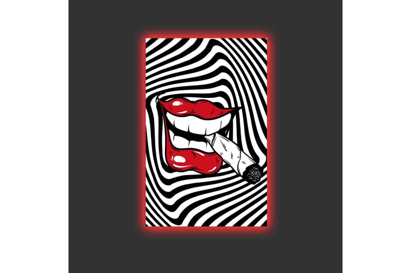 Lærredsbillede med LED-belysning - Røde læber med en cigaret i munden mod en sort-hvid spiralbaggrund - Rød / Sort / Hvid - Boligtilbehør - Billeder & kunst - Billeder på lærred
