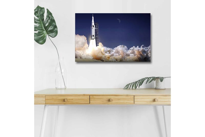 Lærredsbillede med LED-belysning - Raket letter ud i rummet omgivet af røgskyer, Mørkeblå / Hvid / Grå