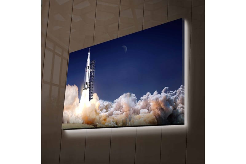 Lærredsbillede med LED-belysning - Raket letter ud i rummet omgivet af røgskyer - Mørkeblå / Hvid / Grå - Boligtilbehør - Billeder & kunst - Billeder på lærred