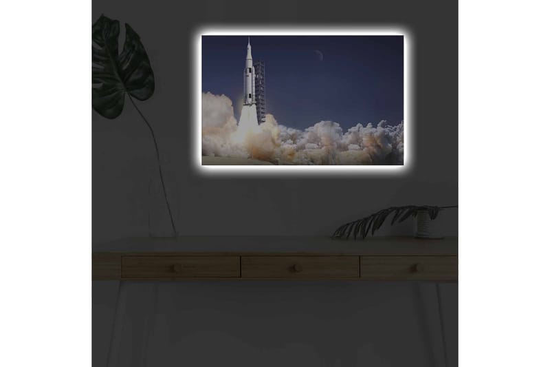Lærredsbillede med LED-belysning - Raket letter ud i rummet omgivet af røgskyer - Mørkeblå / Hvid / Grå - Boligtilbehør - Billeder & kunst - Billeder på lærred