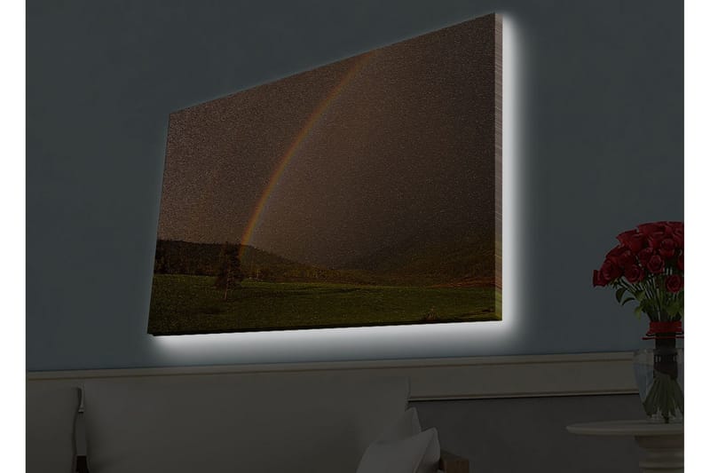 Lærredsbillede med LED-belysning - Regnbue strækker sig over en grøn dal - Grøn / Brun / Gul - Boligtilbehør - Billeder & kunst - Billeder på lærred