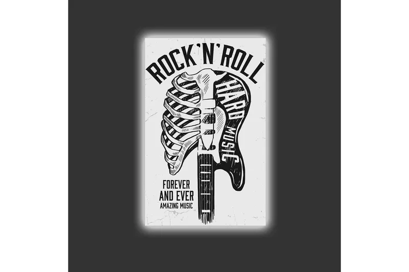 Lærredsbillede med LED-belysning - Rock'n'roll-guitar med skeletmotiv - Sort / Hvid - Boligtilbehør - Billeder & kunst - Billeder på lærred