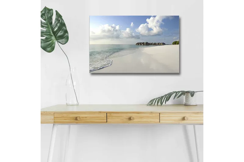 Lærredsbillede med LED-belysning - Rolig strand med klart vand og hvide sandklitter, Blå / Hvid / Grøn