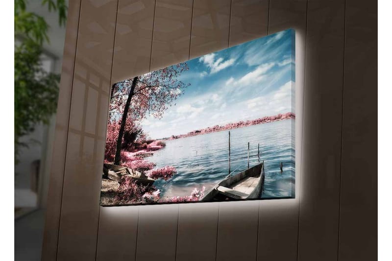 Lærredsbillede med LED-belysning - Roligt sølandskab med både og blomstrende træer - Lyserød / Blå / Grå - Boligtilbehør - Billeder & kunst - Billeder på lærred