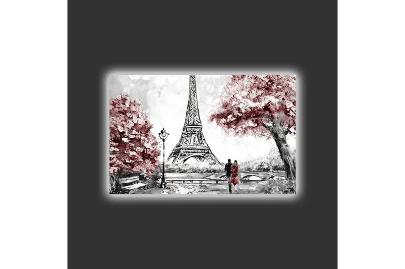 Lærredsbillede med LED-belysning - Romantisk scene med Eiffeltårnet og blomstrende træer - Rød / Sort / Grå - Boligtilbehør - Billeder & kunst - Billeder på lærred