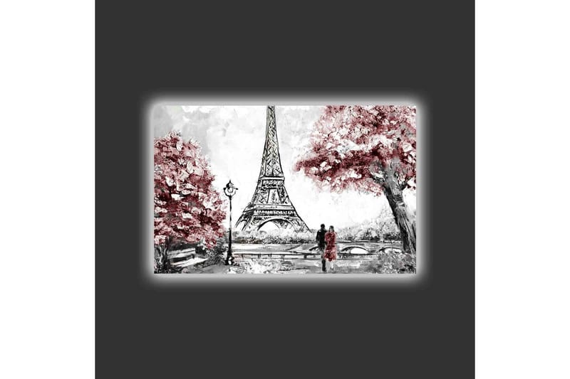 Lærredsbillede med LED-belysning - Romantisk scene med Eiffeltårnet og blomstrende træer - Rød / Sort / Grå - Boligtilbehør - Billeder & kunst - Billeder på lærred