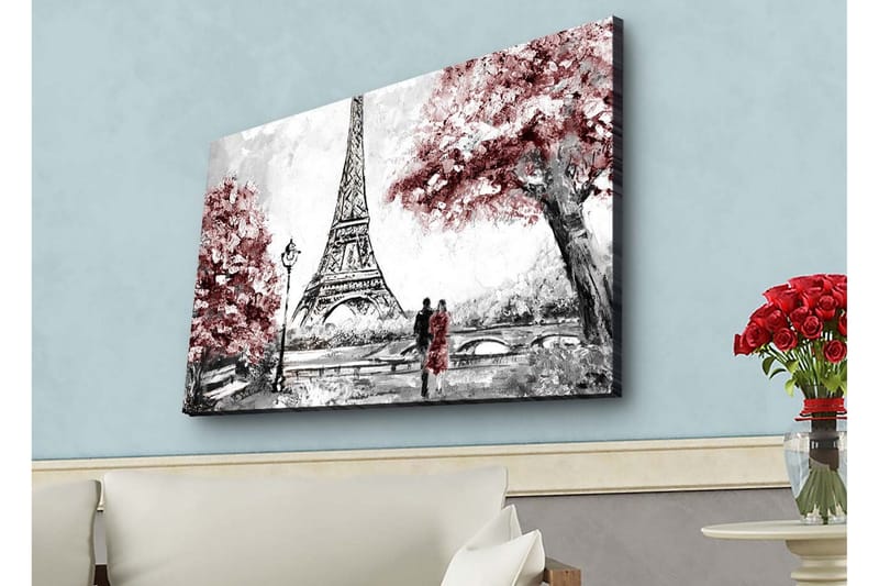 Lærredsbillede med LED-belysning - Romantisk scene med Eiffeltårnet og blomstrende træer - Rød / Sort / Grå - Boligtilbehør - Billeder & kunst - Billeder på lærred
