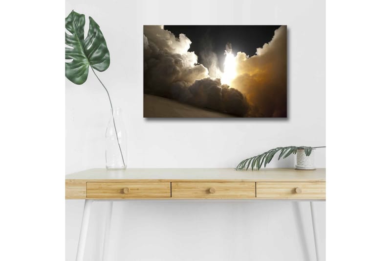 Lærredsbillede med LED-belysning - Rumfærge letter gennem skyer af røg og damp - Mørkegrå / Orange / Hvid - Boligtilbehør - Billeder & kunst - Billeder på lærred