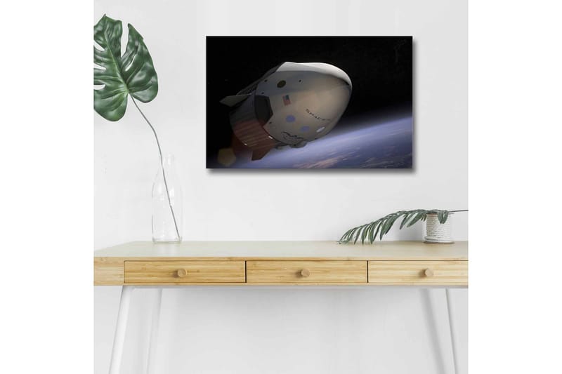 Lærredsbillede med LED-belysning - Rumfartøj i kredsløb om Jorden - Sort / Hvid / Blå - Boligtilbehør - Billeder & kunst - Billeder på lærred