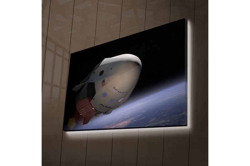 Lærredsbillede med LED-belysning - Rumfartøj i kredsløb om Jorden - Sort / Hvid / Blå - Boligtilbehør - Billeder & kunst - Billeder på lærred