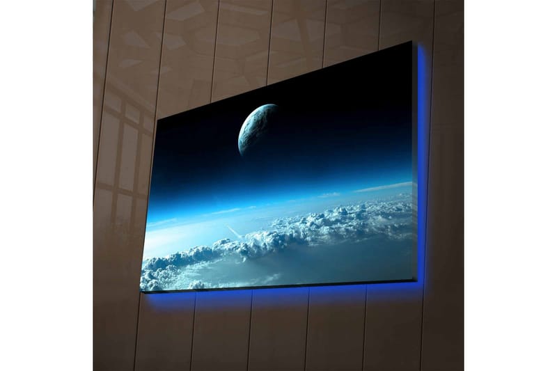 Lærredsbillede med LED-belysning - Rumlandskab med en planet, der svæver over skyer - Mørkeblå / Lyseblå / Hvid - Boligtilbehør - Billeder & kunst - Billeder på lærred