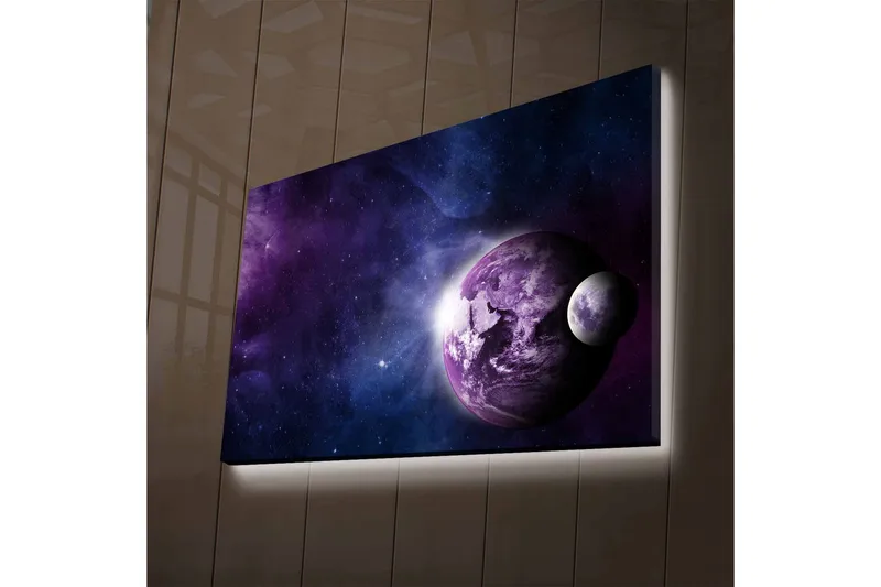 Lærredsbillede med LED-belysning - Rumlandskab med planeter og stjerner, Lilla / Blå / Hvid