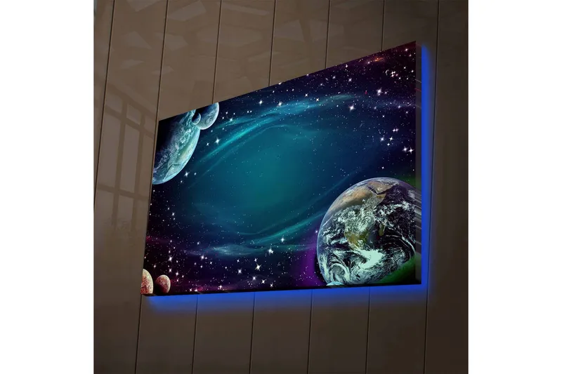 Lærredsbillede med LED-belysning - Rumlandskab med planeter og stjerner, Mørkeblå / Grøn / Lilla