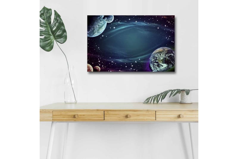 Lærredsbillede med LED-belysning - Rumlandskab med planeter og stjerner - Mørkeblå / Grøn / Lilla - Boligtilbehør - Billeder & kunst - Billeder på lærred