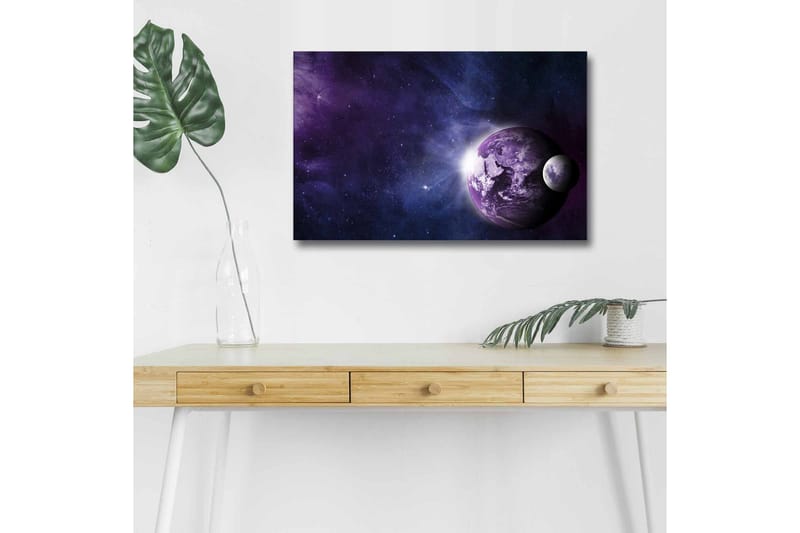 Lærredsbillede med LED-belysning - Rumlandskab med planeter og stjerner - Lilla / Blå / Hvid - Boligtilbehør - Billeder & kunst - Billeder på lærred
