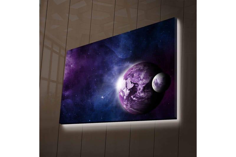 Lærredsbillede med LED-belysning - Rumlandskab med planeter og stjerner, Lilla / Blå / Hvid