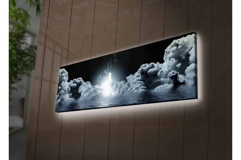 Lærredsbillede med LED-belysning - Rumraket letter gennem en overskyet himmel - Mørkegrå / Hvid / Lyseblå - Boligtilbehør - Billeder & kunst - Billeder på lærred