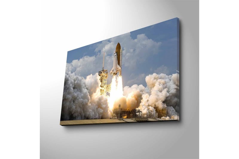 Lærredsbillede med LED-belysning - Rumraket letter mod himlen med kraftige flammer - Grå / Hvid / Orange - Boligtilbehør - Billeder & kunst - Billeder på lærred