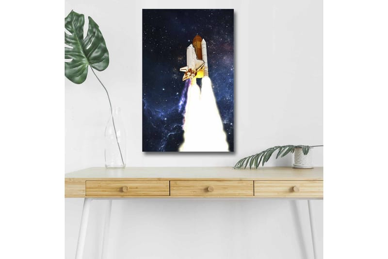 Lærredsbillede med LED-belysning - Rumraket letter mod stjernerne, Mørkeblå / Hvid / Orange