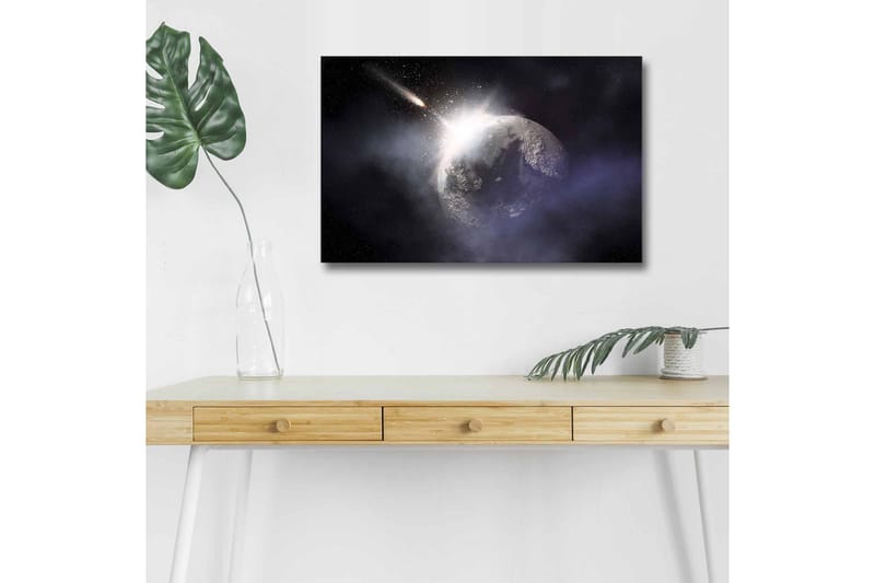 Lærredsbillede med LED-belysning - Rumscene med en planet og en forbipasserende komet - Mørkeblå / Grå / Hvid - Boligtilbehør - Billeder & kunst - Billeder på lærred