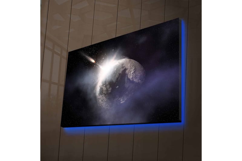 Lærredsbillede med LED-belysning - Rumscene med en planet og en forbipasserende komet - Mørkeblå / Grå / Hvid - Boligtilbehør - Billeder & kunst - Billeder på lærred