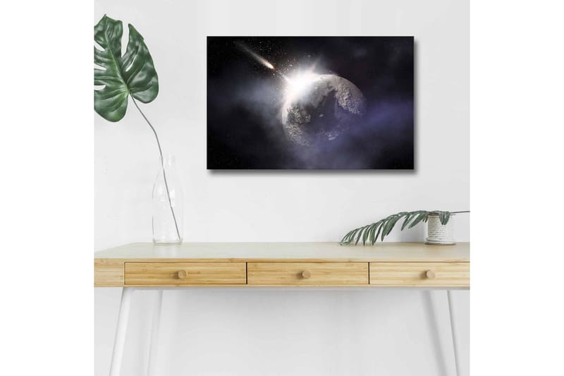 Lærredsbillede med LED-belysning - Rumscene med en planet og en forbipasserende komet - Mørkeblå / Grå / Hvid - Boligtilbehør - Billeder & kunst - Billeder på lærred