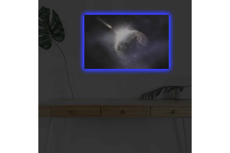 Lærredsbillede med LED-belysning - Rumscene med en planet og en forbipasserende komet - Mørkeblå / Grå / Hvid - Boligtilbehør - Billeder & kunst - Billeder på lærred