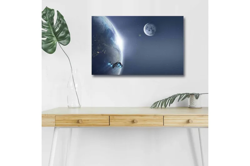 Lærredsbillede med LED-belysning - Rumskib svæver nær Jorden med en måne i baggrunden, Mørkeblå / Lyseblå / Grå
