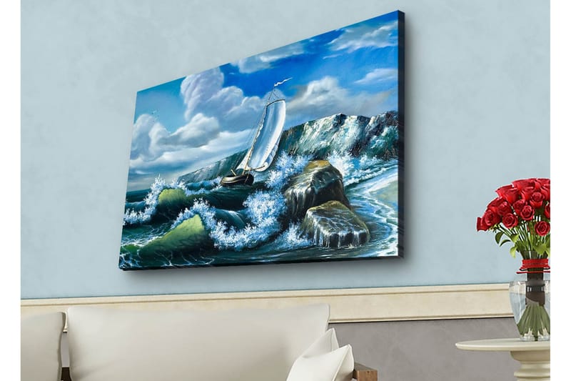 Lærredsbillede med LED-belysning - Sejlbåd kæmper mod stærke bølger, Blå / Grøn / Hvid