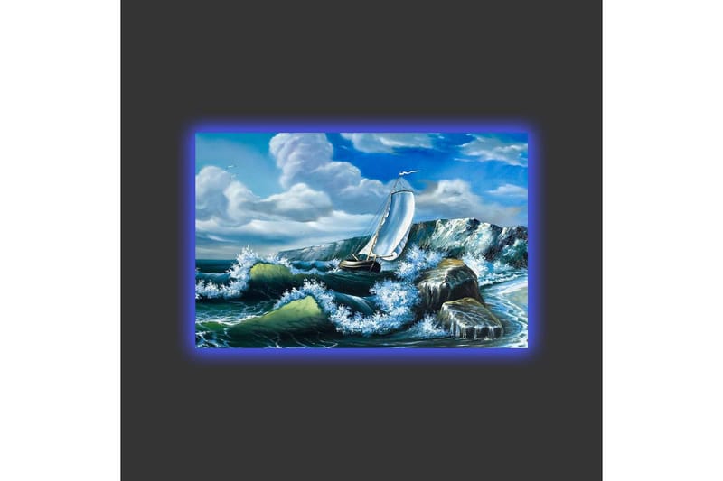 Lærredsbillede med LED-belysning - Sejlbåd kæmper mod stærke bølger - Blå / Grøn / Hvid - Boligtilbehør - Billeder & kunst - Billeder på lærred