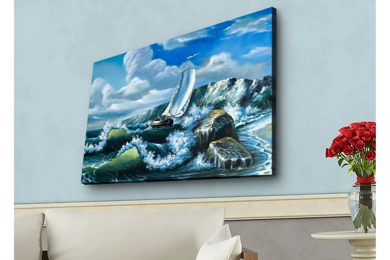 Lærredsbillede med LED-belysning - Sejlbåd kæmper mod stærke bølger, Blå / Grøn / Hvid