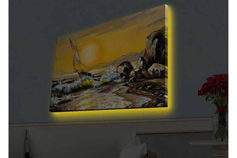 Lærredsbillede med LED-belysning - Sejlbåd på en gylden havhorisont - Guld / Blå / Grøn - Boligtilbehør - Billeder & kunst - Billeder på lærred