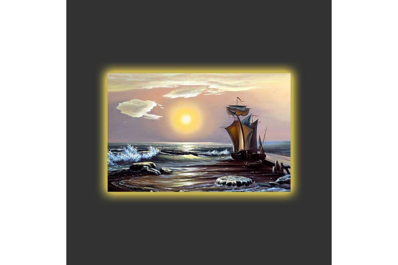 Lærredsbillede med LED-belysning - Sejlbåd på en solrig strand med bølger og klipper - Blå / Orange / Brun - Boligtilbehør - Billeder & kunst - Billeder på lærred
