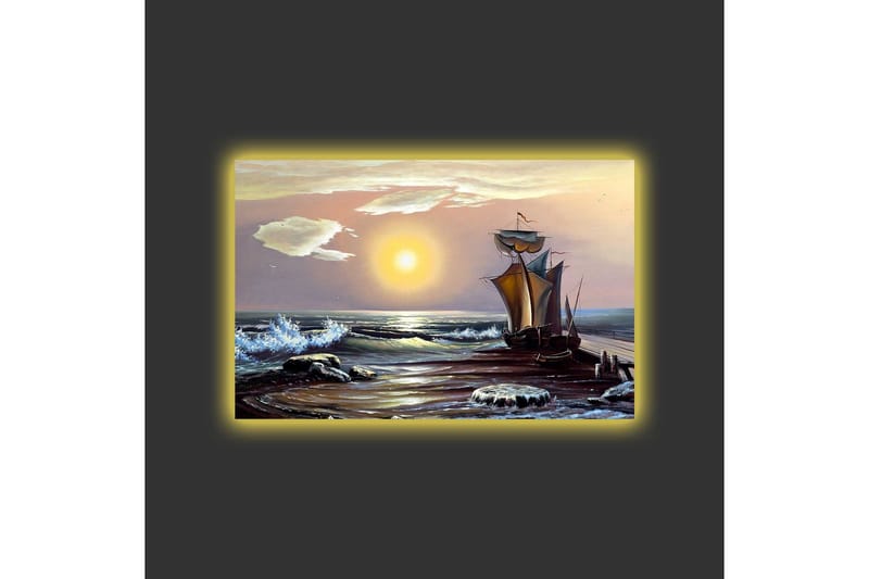 Lærredsbillede med LED-belysning - Sejlbåd på en solrig strand med bølger og klipper - Blå / Orange / Brun - Boligtilbehør - Billeder & kunst - Billeder på lærred