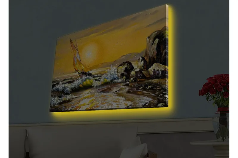Lærredsbillede med LED-belysning - Sejlbåd på en gylden havhorisont - Guld / Blå / Grøn - Boligtilbehør - Billeder & kunst - Billeder på lærred