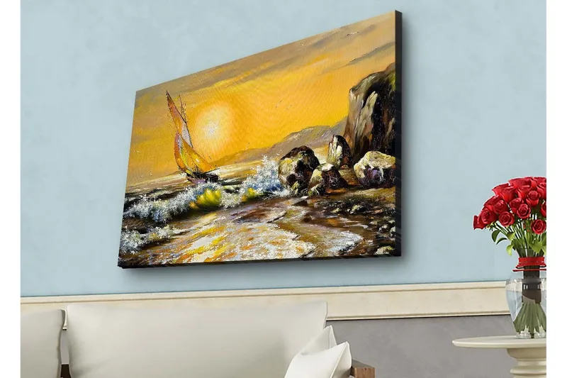 Lærredsbillede med LED-belysning - Sejlbåd på en gylden havhorisont, Guld / Blå / Grøn