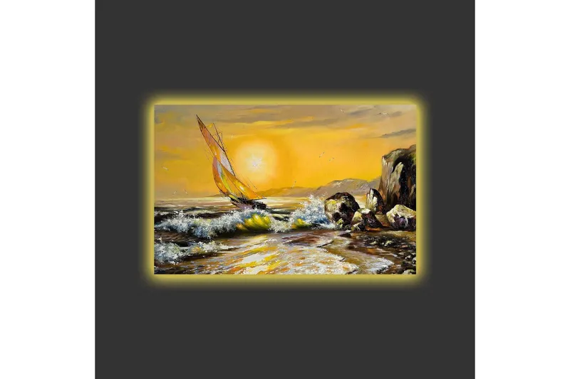 Lærredsbillede med LED-belysning - Sejlbåd på en gylden havhorisont - Guld / Blå / Grøn - Boligtilbehør - Billeder & kunst - Billeder på lærred